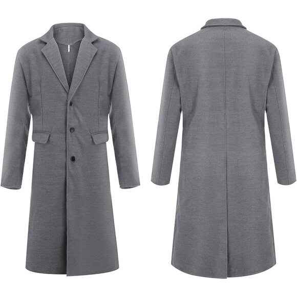 Men's Grey Slim Fit Notched Collar Long Casual Trench Coat with Pocket - Picture 6 of 6